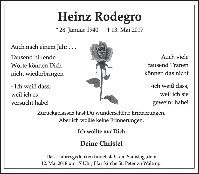  Traueranzeige für Heinz Rodegro vom 05.05.2018 aus Medienhaus Bauer