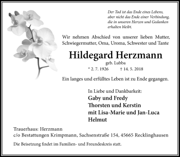 Traueranzeige von Hildegard Herzmann von Medienhaus Bauer
