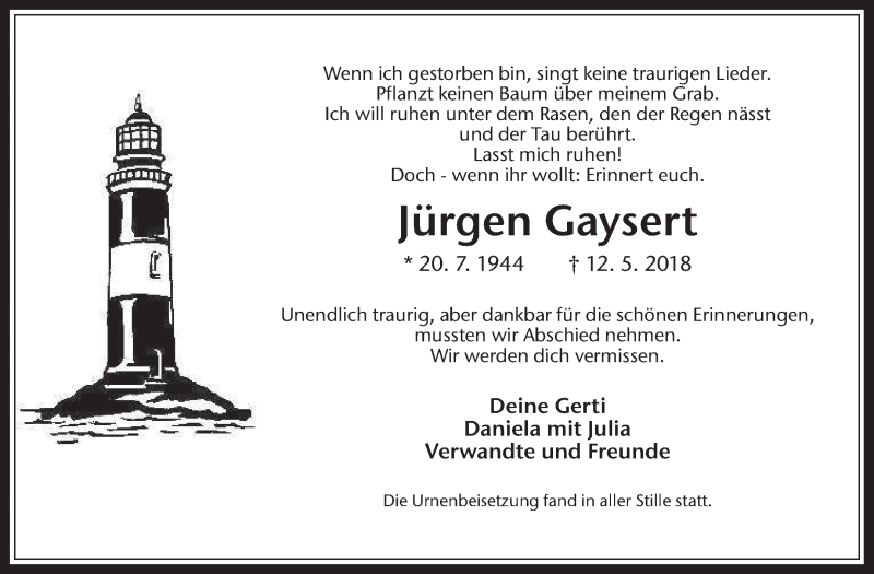  Traueranzeige für Jürgen Gaysert vom 26.05.2018 aus Medienhaus Bauer