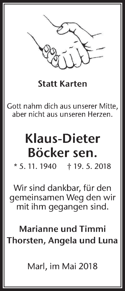  Traueranzeige für Klaus-Dieter Böcker vom 23.05.2018 aus Medienhaus Bauer