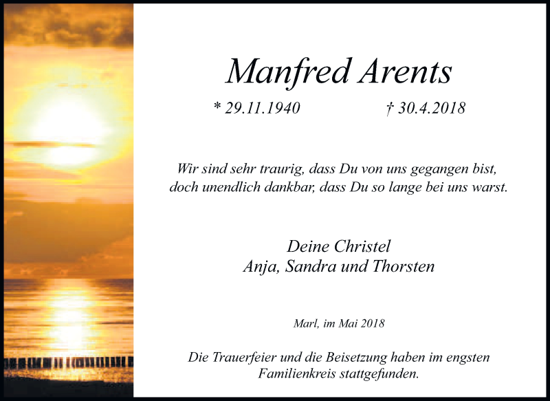  Traueranzeige für Manfred Arents vom 12.05.2018 aus Medienhaus Bauer