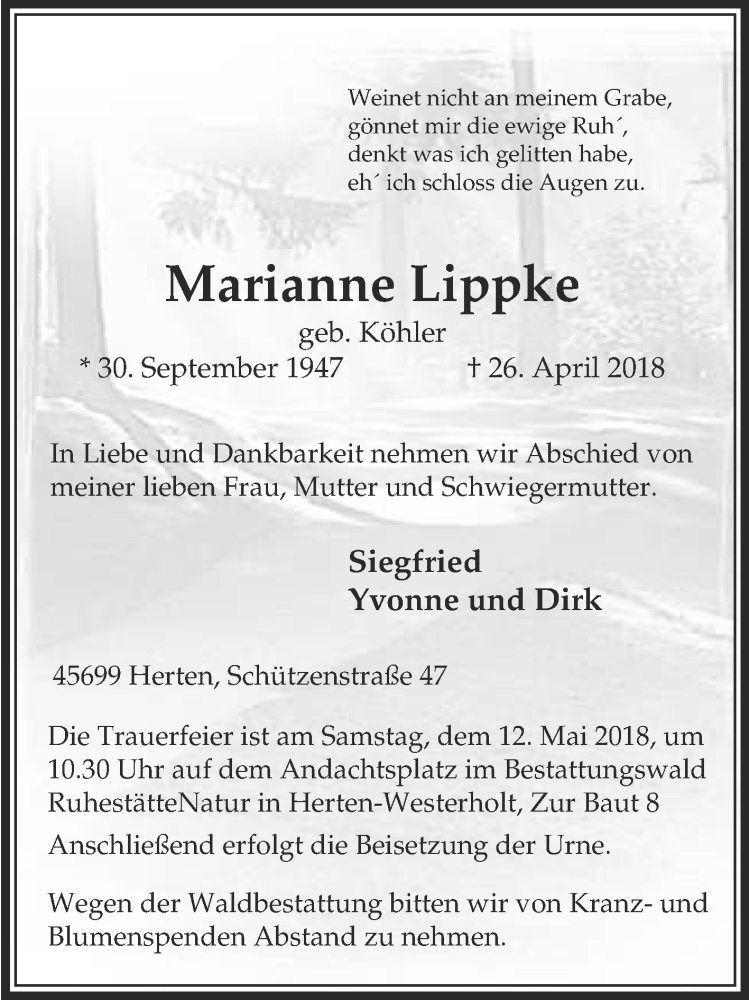  Traueranzeige für Marianne Lippke vom 04.05.2018 aus Medienhaus Bauer