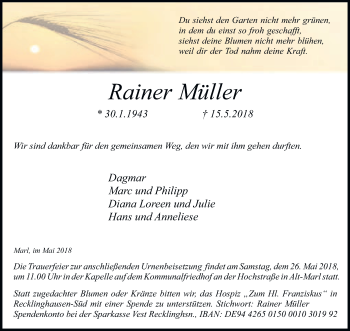 Traueranzeige von Rainer Müller von Medienhaus Bauer