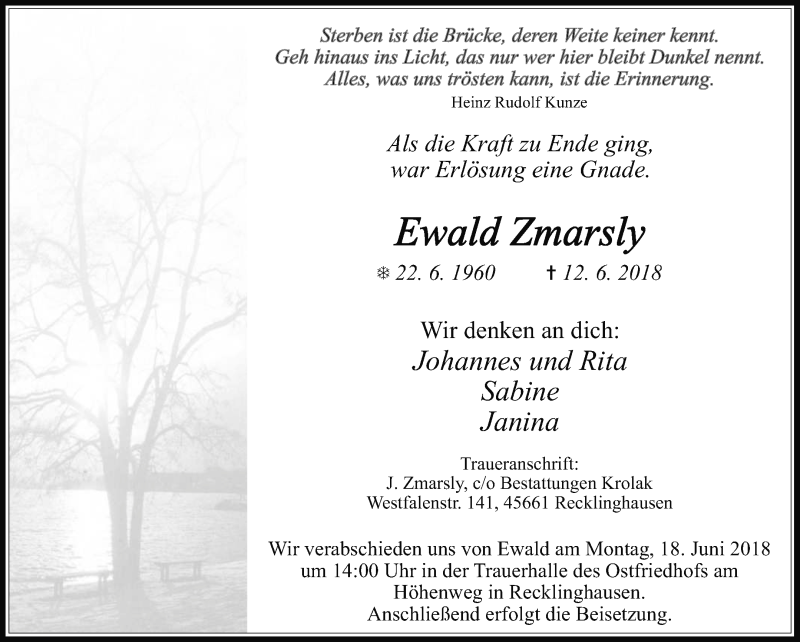  Traueranzeige für Ewald Zmarsly vom 15.06.2018 aus Medienhaus Bauer