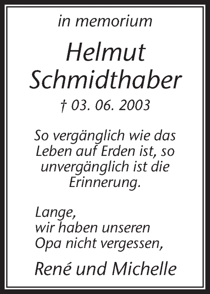  Traueranzeige für Helmut Schmidthaber vom 02.06.2018 aus Medienhaus Bauer