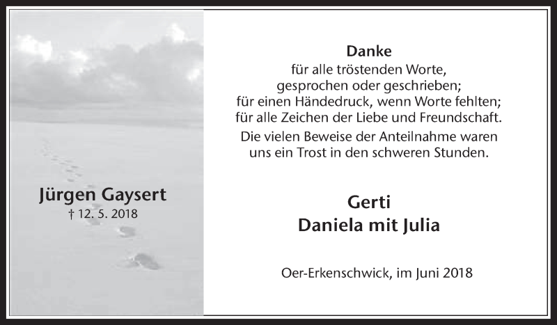  Traueranzeige für Jürgen Gaysert vom 08.06.2018 aus Medienhaus Bauer
