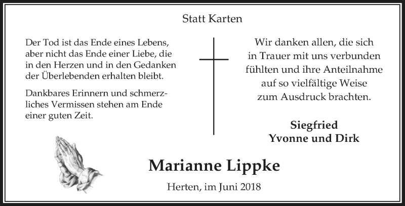  Traueranzeige für Marianne Lippke vom 02.06.2018 aus Medienhaus Bauer