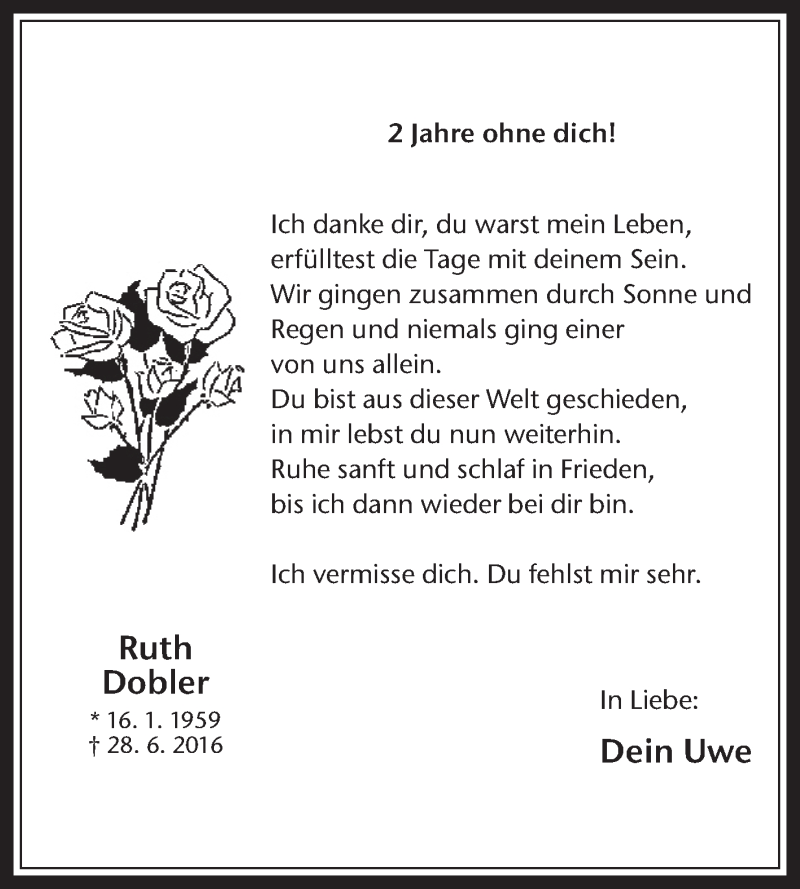  Traueranzeige für Ruth Dobler vom 28.06.2018 aus Medienhaus Bauer