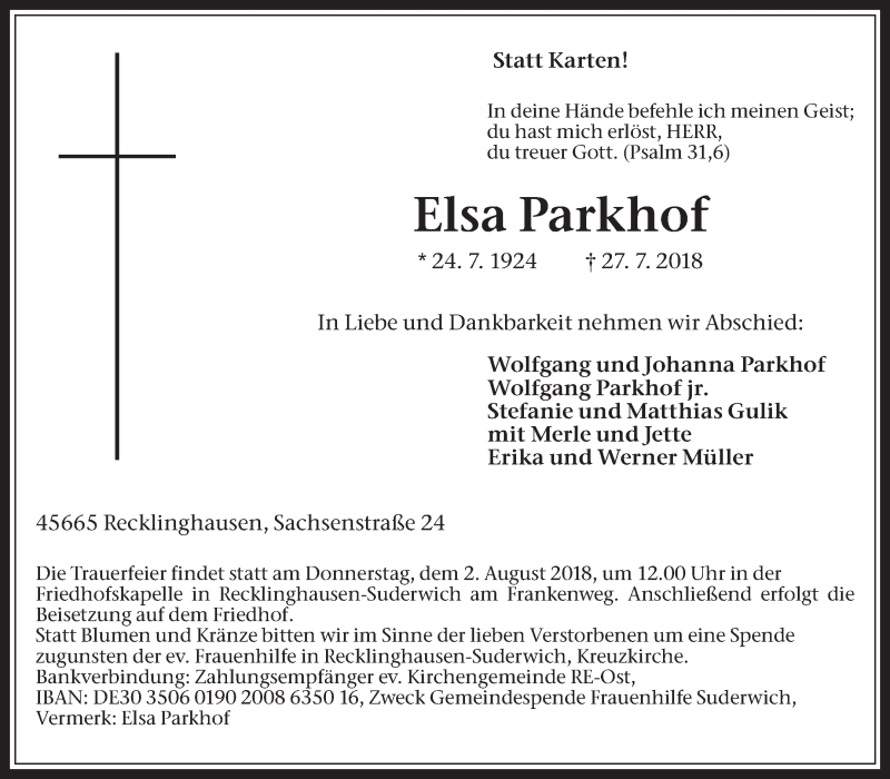  Traueranzeige für Elsa Parkhof vom 30.07.2018 aus Medienhaus Bauer