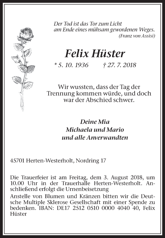  Traueranzeige für Felix Hüster vom 31.07.2018 aus Medienhaus Bauer