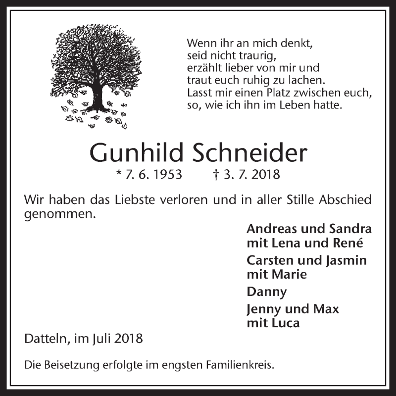  Traueranzeige für Gunhild Schneider vom 13.07.2018 aus Medienhaus Bauer