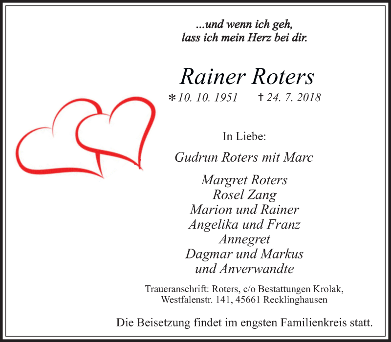  Traueranzeige für Rainer Roters vom 28.07.2018 aus Medienhaus Bauer