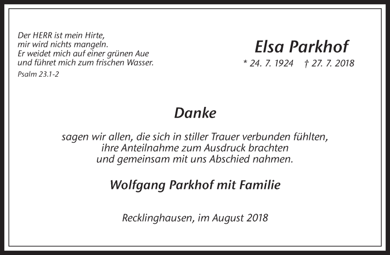  Traueranzeige für Elsa Parkhof vom 25.08.2018 aus Medienhaus Bauer