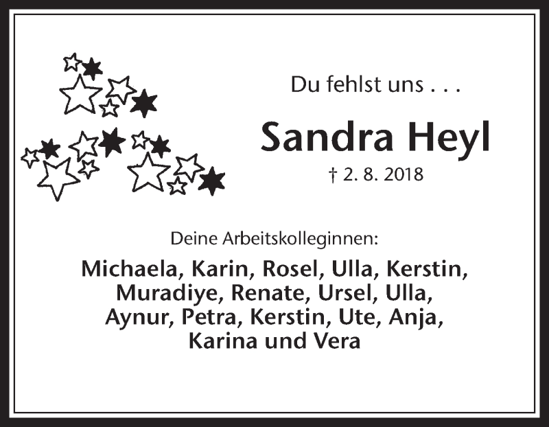  Traueranzeige für Sandra Heyl vom 28.08.2018 aus Medienhaus Bauer