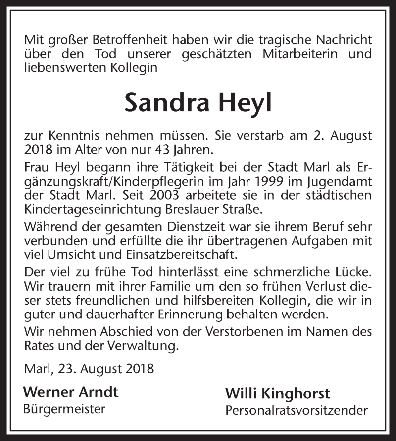 Traueranzeige für Sandra Heyl vom 29.08.2018 aus Medienhaus Bauer