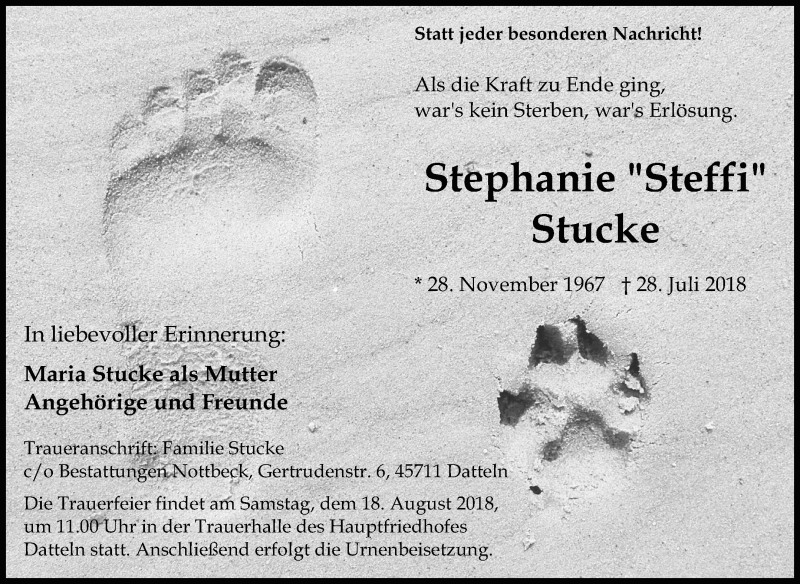  Traueranzeige für Stephanie Stucke vom 11.08.2018 aus Medienhaus Bauer