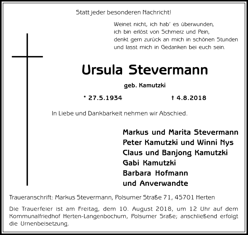  Traueranzeige für Ursula Stevermann vom 07.08.2018 aus Medienhaus Bauer