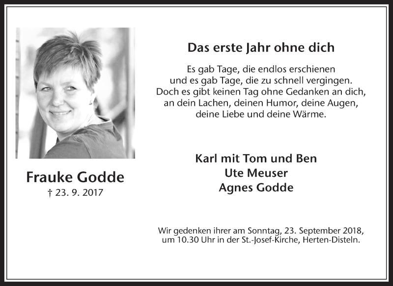  Traueranzeige für Frauke Godde vom 15.09.2018 aus Medienhaus Bauer