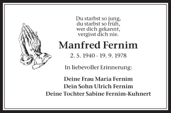 Traueranzeige von Manfred Fernim von Medienhaus Bauer