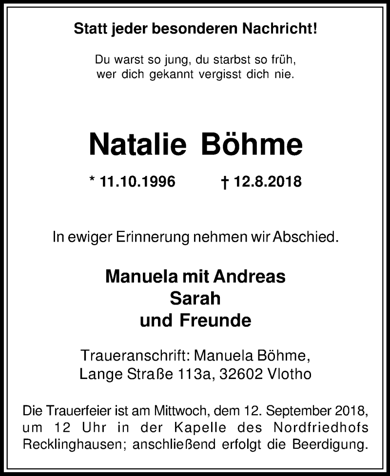  Traueranzeige für Natalie Böhme vom 08.09.2018 aus Medienhaus Bauer