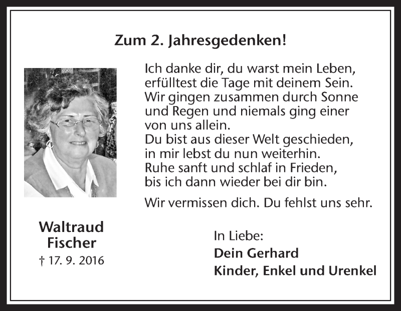  Traueranzeige für Waltraud Fischer vom 17.09.2018 aus Medienhaus Bauer