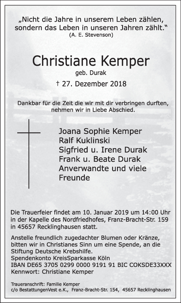  Traueranzeige für Christiane Kemper vom 05.01.2019 aus Medienhaus Bauer
