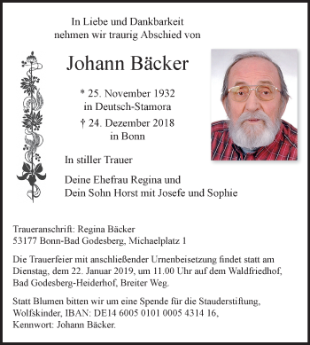 Traueranzeige von Johann Bäcker von Medienhaus Bauer