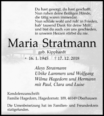 Traueranzeige von Maria Stratmann von Medienhaus Bauer