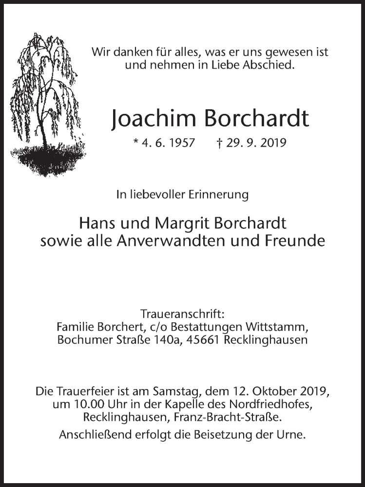  Traueranzeige für Joachim Borchardt vom 05.10.2019 aus Medienhaus Bauer