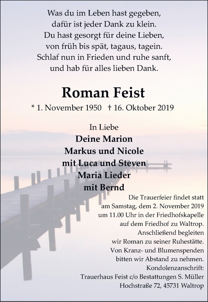  Traueranzeige für Roman Feist vom 26.10.2019 aus Medienhaus Bauer