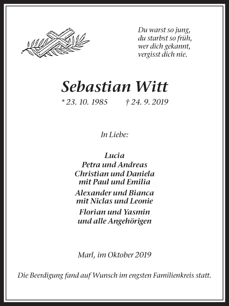  Traueranzeige für Sebastian Witt vom 12.10.2019 aus Medienhaus Bauer