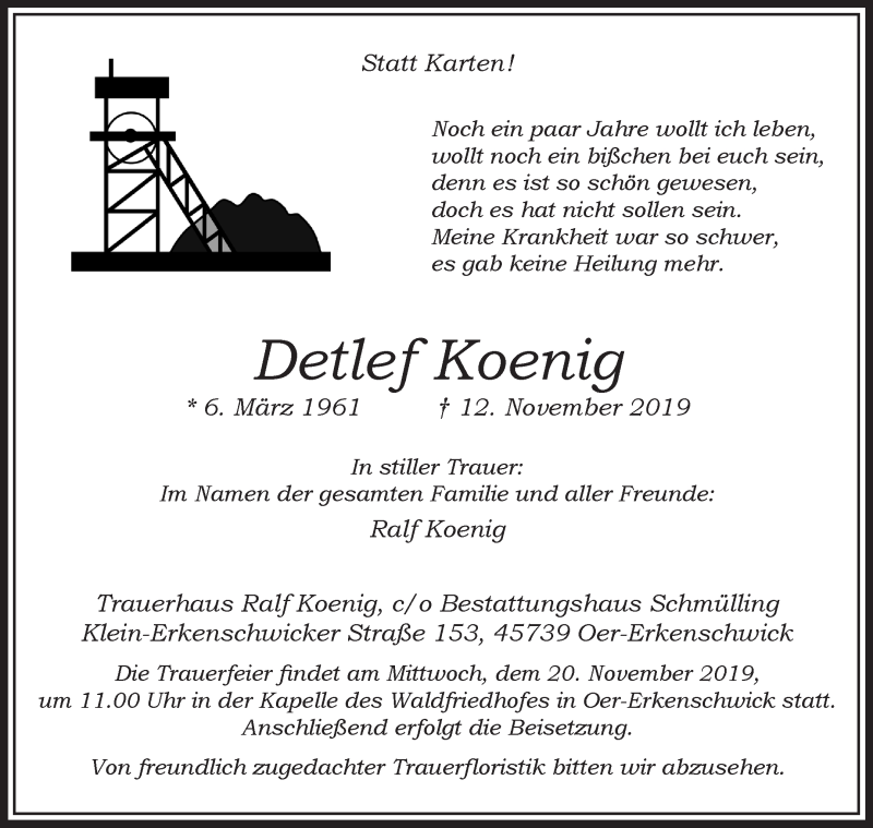  Traueranzeige für Detlef Koenig vom 16.11.2019 aus Medienhaus Bauer