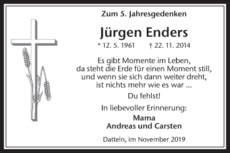  Traueranzeige für Jürgen Enders vom 23.11.2019 aus Medienhaus Bauer