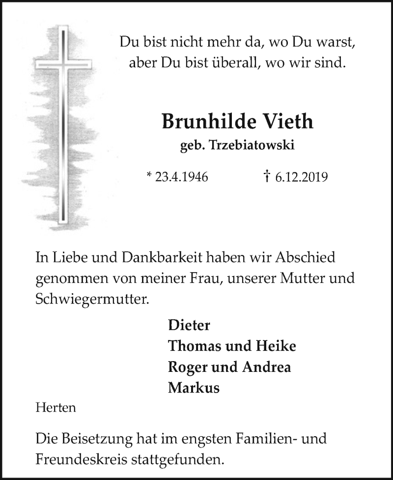  Traueranzeige für Brunhilde Vieth vom 19.12.2019 aus Medienhaus Bauer