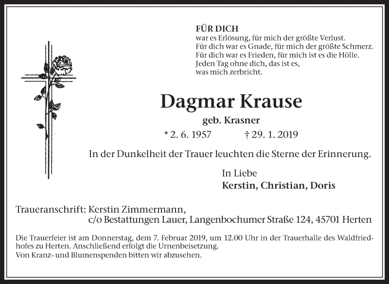  Traueranzeige für Dagmar Krause vom 02.02.2019 aus Medienhaus Bauer