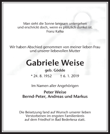 Traueranzeige von Gabriele Weise von Medienhaus Bauer