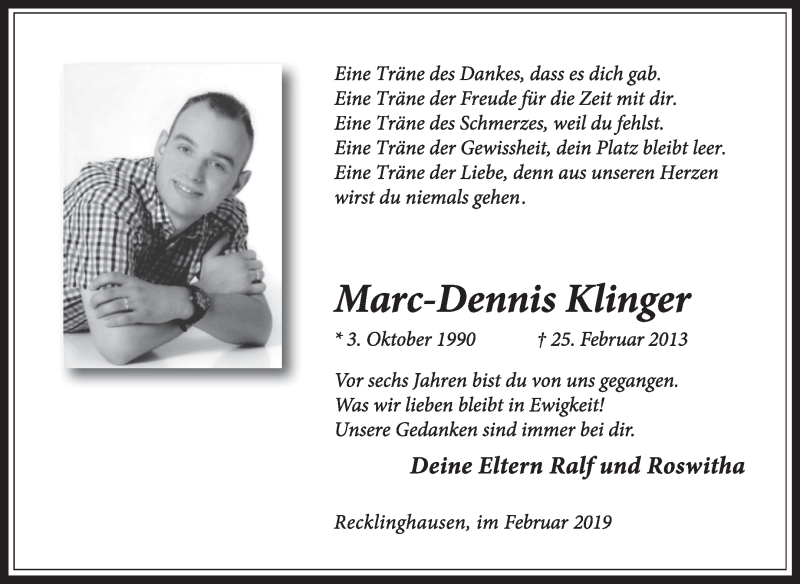  Traueranzeige für Marc-Dennis Klinger vom 25.02.2019 aus Medienhaus Bauer