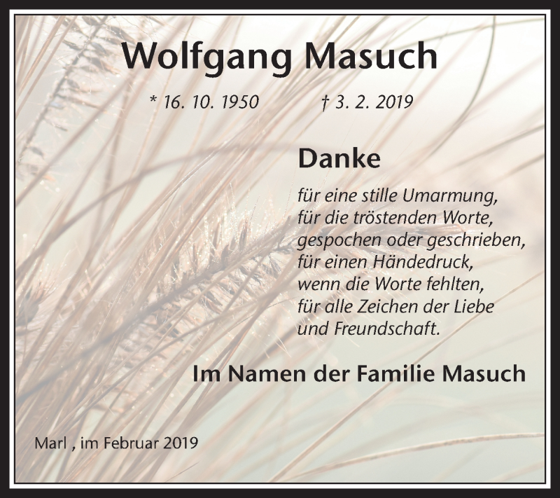  Traueranzeige für Wolfgang Masuch vom 23.02.2019 aus Medienhaus Bauer