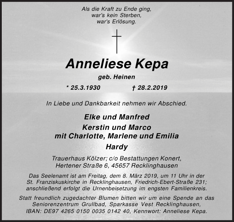 Traueranzeige für Anneliese Kepa vom 06.03.2019 aus Medienhaus Bauer