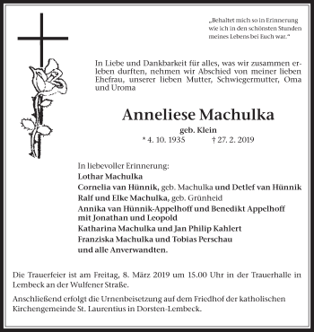 Traueranzeige von Anneliese Machulka von Medienhaus Bauer