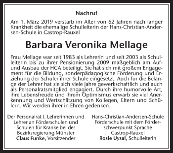 Traueranzeige von Barbara Veronika Mellage von Medienhaus Bauer