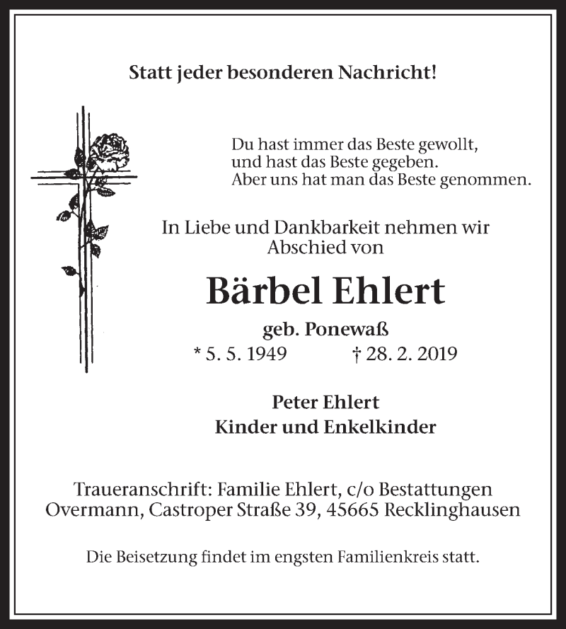  Traueranzeige für Bärbel Ehlert vom 06.03.2019 aus Medienhaus Bauer