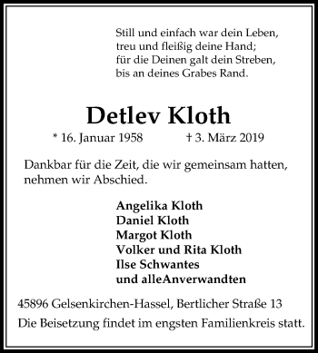 Traueranzeige von Detlev Kloth von Medienhaus Bauer