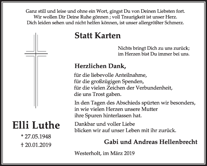  Traueranzeige für Elli Luthe vom 12.03.2019 aus Medienhaus Bauer