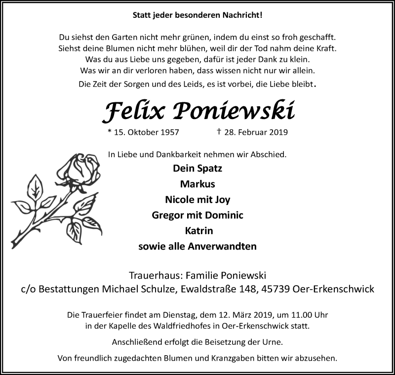  Traueranzeige für Felix Poniewski vom 09.03.2019 aus Medienhaus Bauer