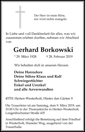 Traueranzeige von Gerhard Borkowski von Medienhaus Bauer