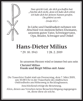 Traueranzeige von Hans-Dieter Milius von Medienhaus Bauer