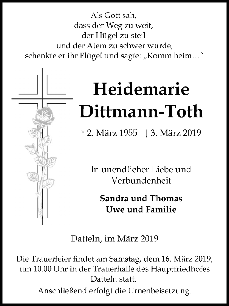  Traueranzeige für Heidemarie Dittmann-Toth vom 09.03.2019 aus Medienhaus Bauer