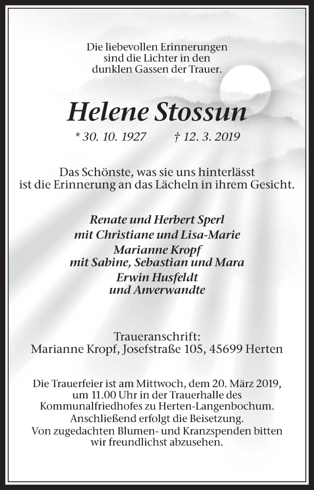  Traueranzeige für Helene Stossun vom 16.03.2019 aus Medienhaus Bauer