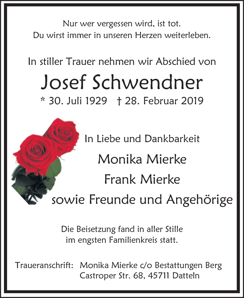  Traueranzeige für Josef Schwendner vom 16.03.2019 aus Medienhaus Bauer